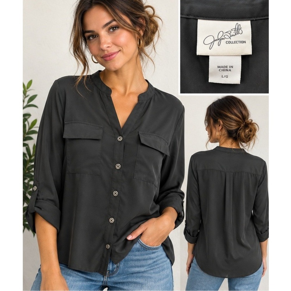 Jaclyn Smith Collection Charcoal Gray Silky Utility Blouse Roll Tab Sleeve Large